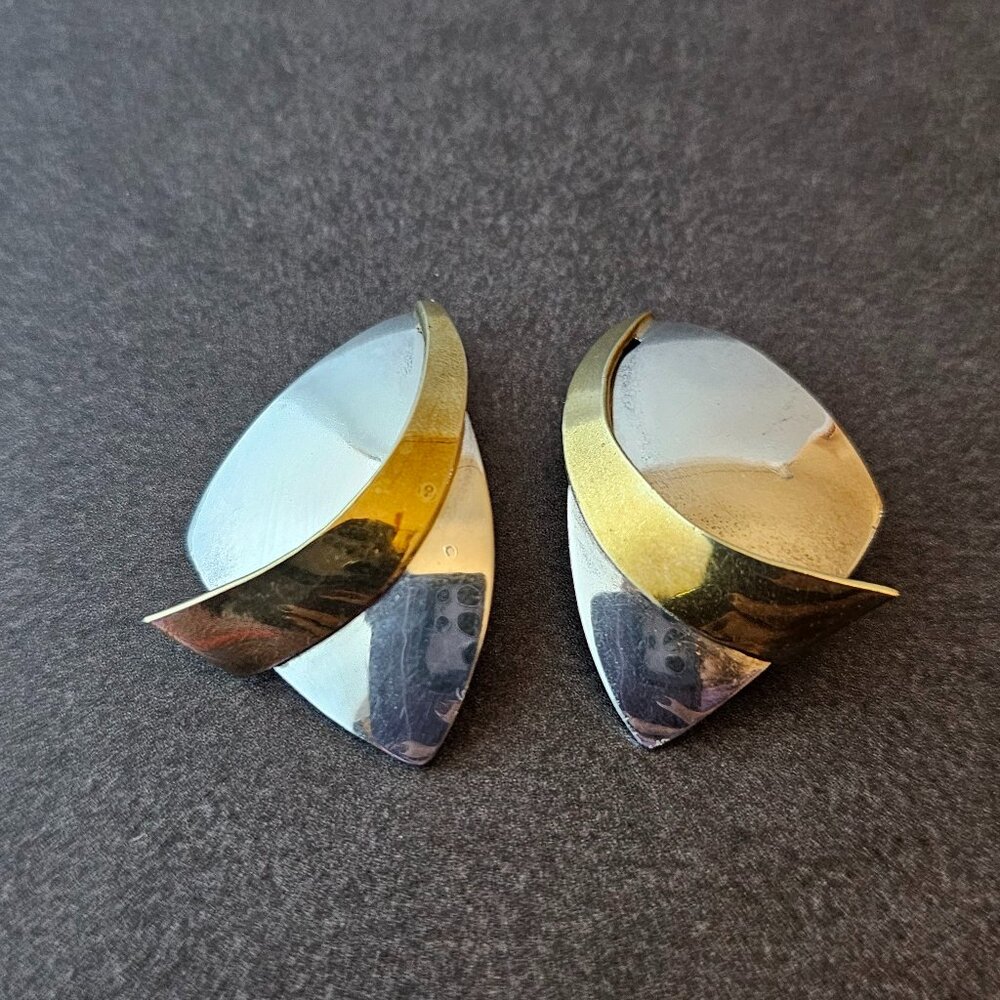 Vintage Sterling silver and brass handmade clip on earrings, Mexico 925